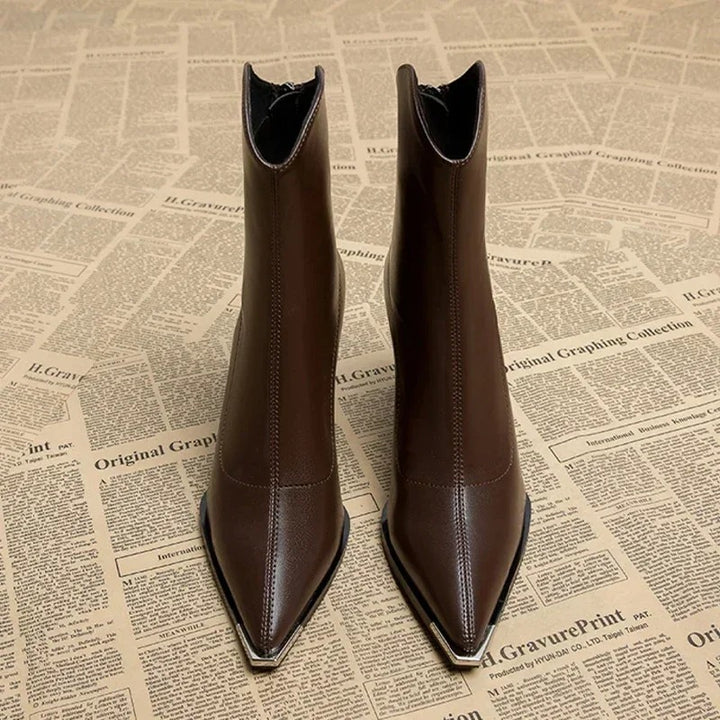 Women's Ankle Boots, Pointed Toe Block Heel Leather Side Zip