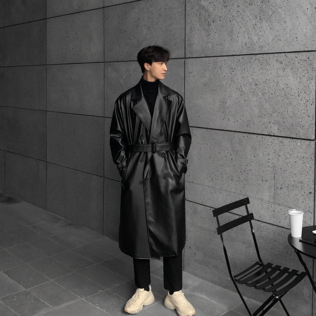 Men's Long Black Trench Coat, Oversized Double Breasted Belted