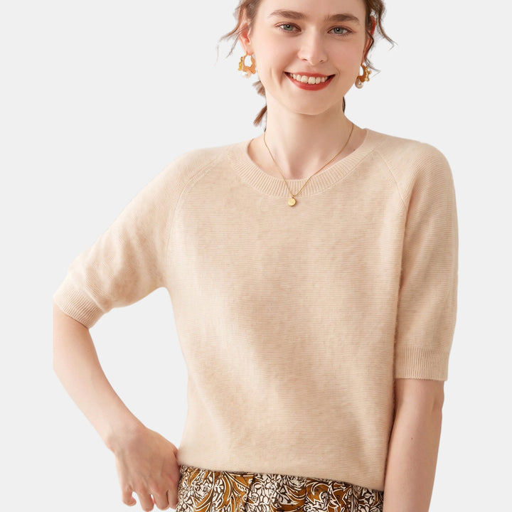 Women's Crew Neck Oversized Cashmere Sweater, Short Sleeve