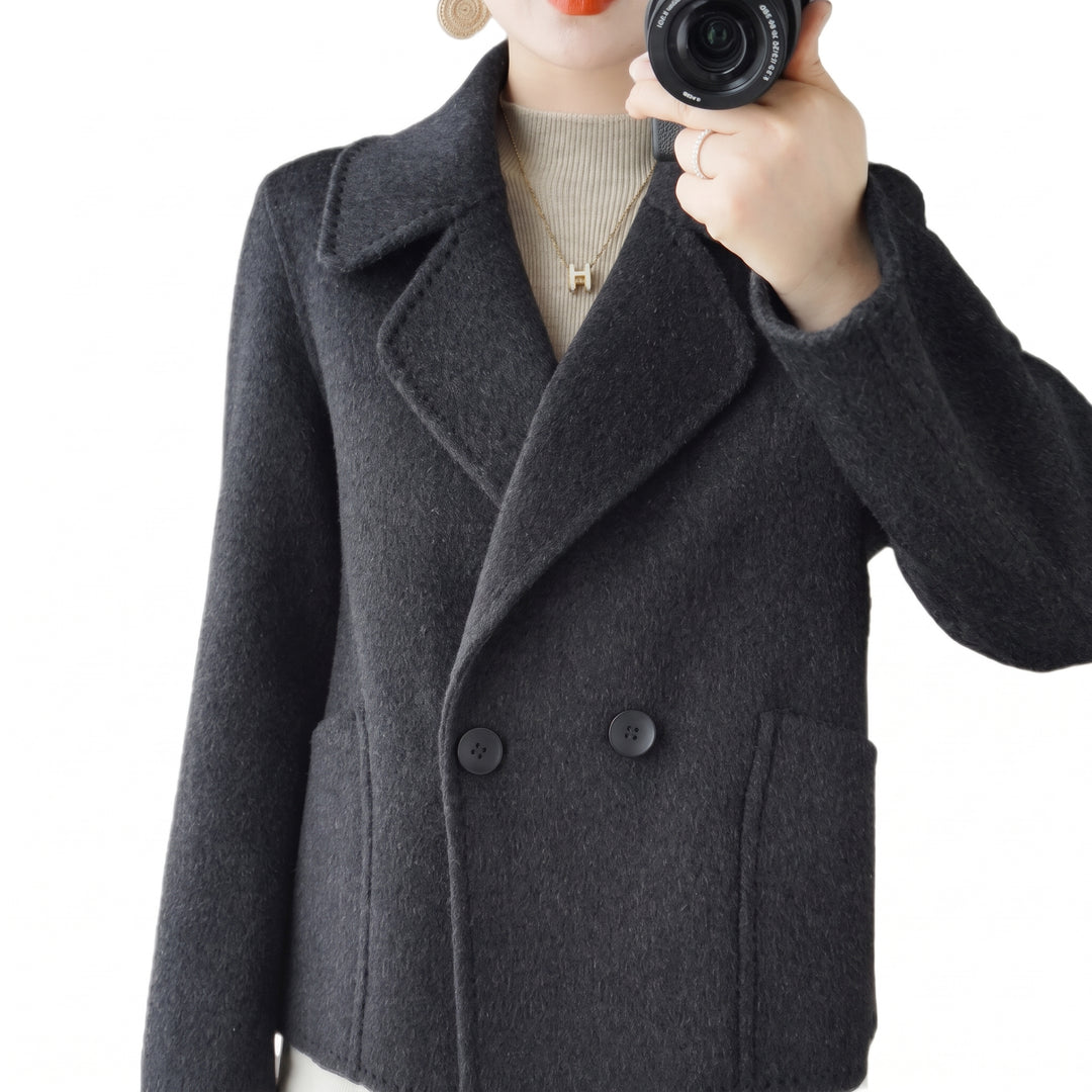 Women's Short Black Peacoat, Double Breasted Fuzzy Notch Lapel