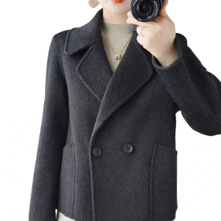 Women's Short Black Peacoat, Double Breasted Fuzzy Notch Lapel