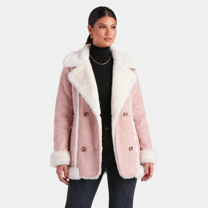 Women's Double Breasted Suede Jacket, Short Shearling Trim