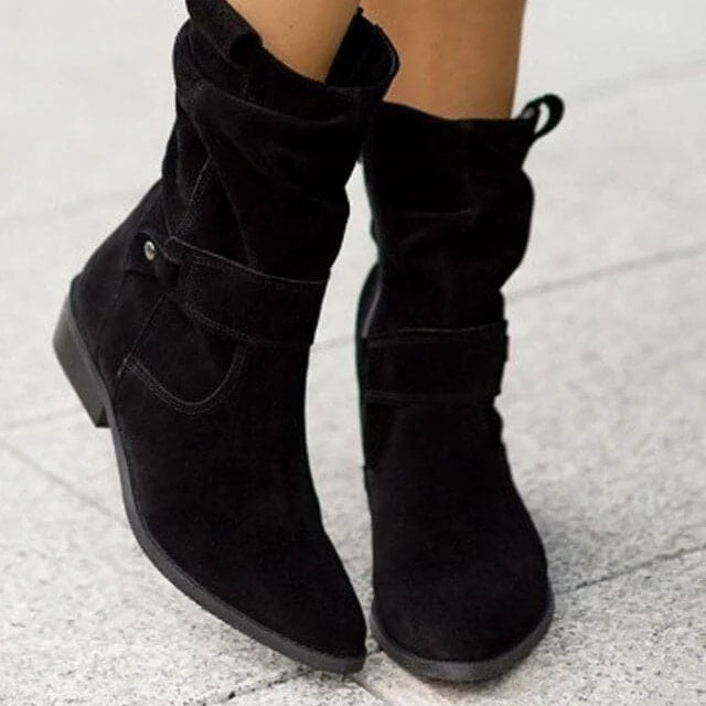 Women's Suede Boots, Slouched Ruched Shaft Mid Calf Pull On