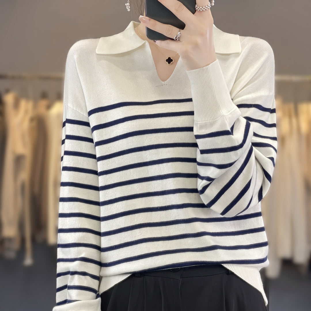 Women's Long Sleeve Polo Rugby Shirt, Collared Knitted V-neck