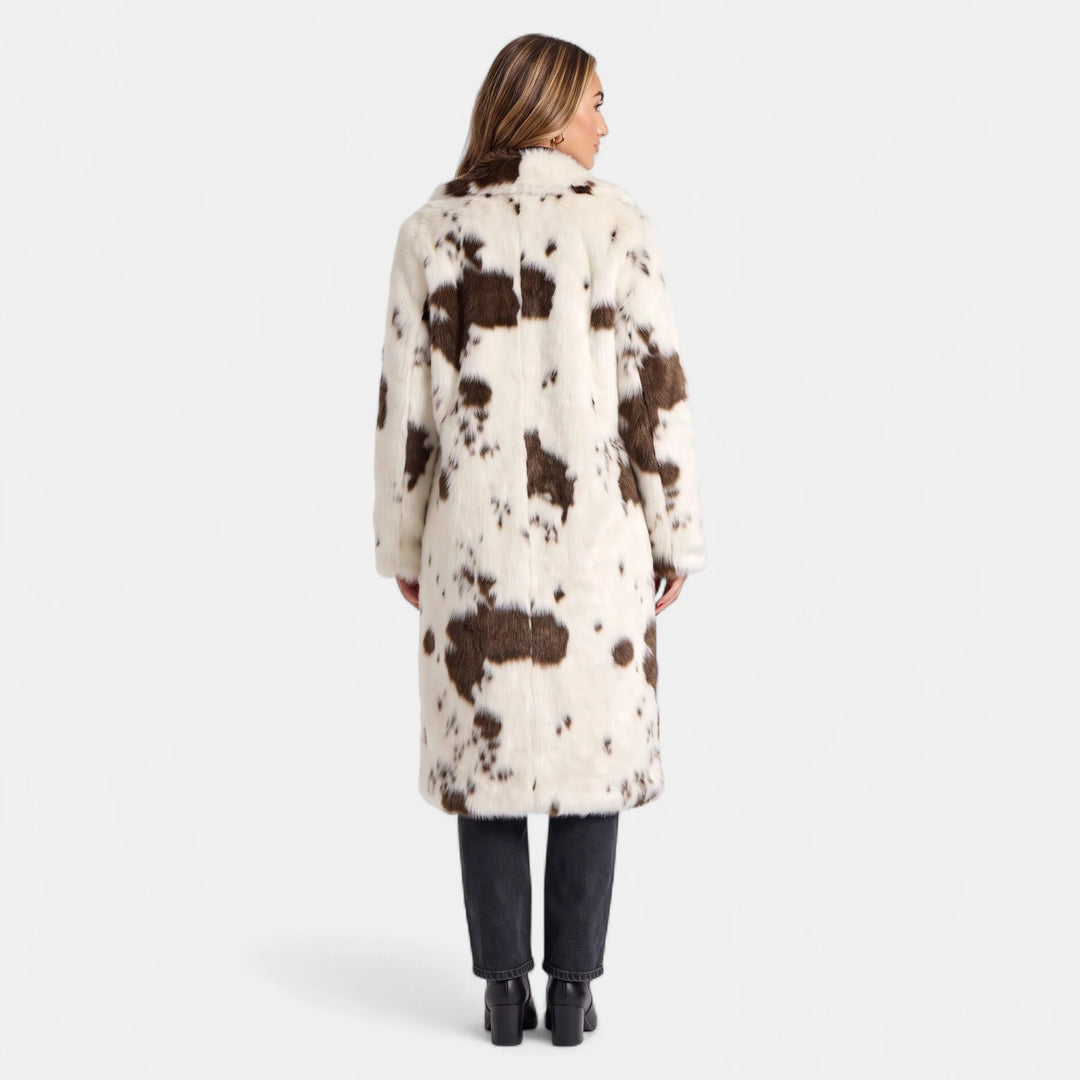 Women's Oversized Faux Fur Coat, Cow Print Open Front