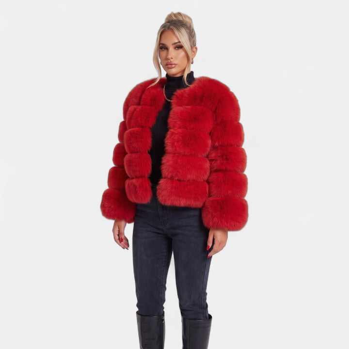 Women's Cropped Faux Fur Coat, Collarless Tiered Open Front