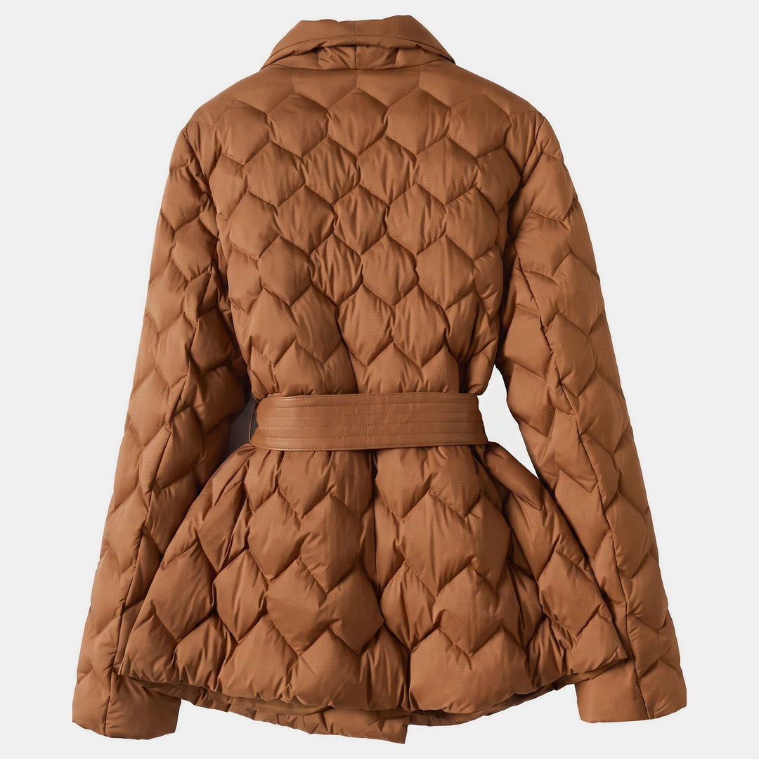 Women's Winter Puffer Jacket, Belted Waist Self Tie Belt