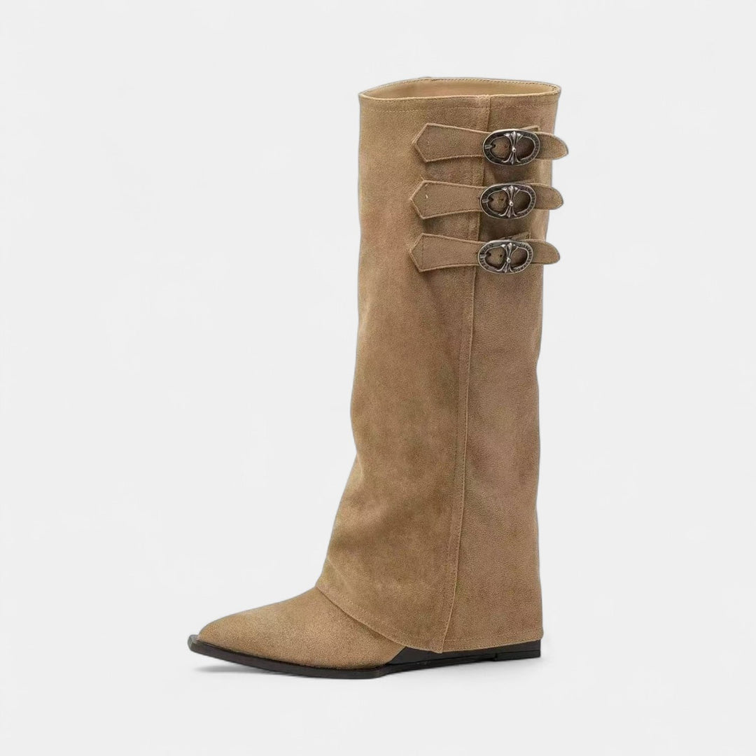 Women's Knee High Slouch Boots, Buckle Strap Fold Over