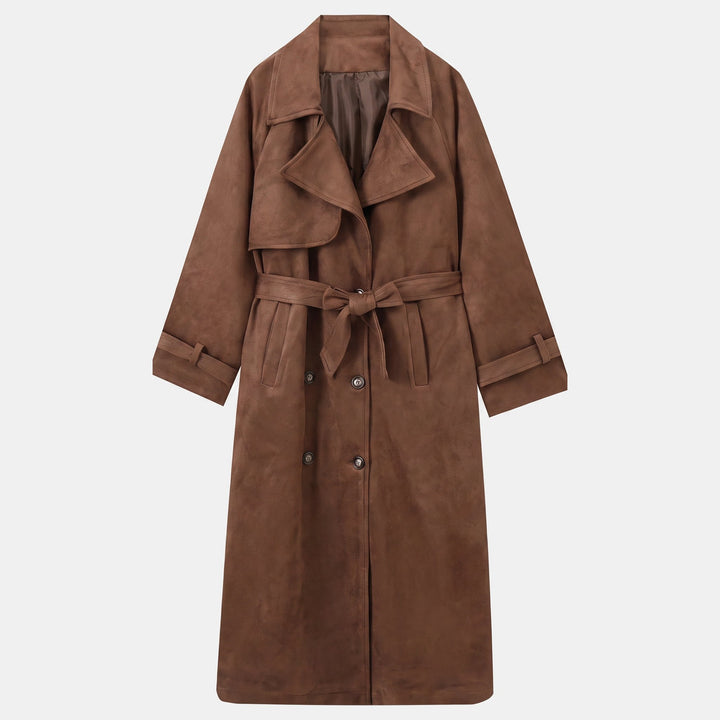 Women's Long Suede Trench Coat, Belted Waist Button Front
