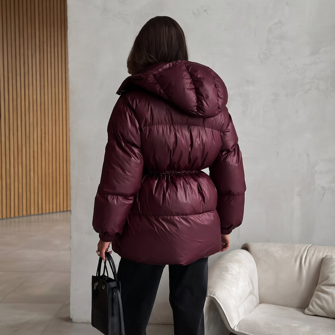 Women's Quilted Winter Puffer Jacket, Bubble Hooded Shiny Padded