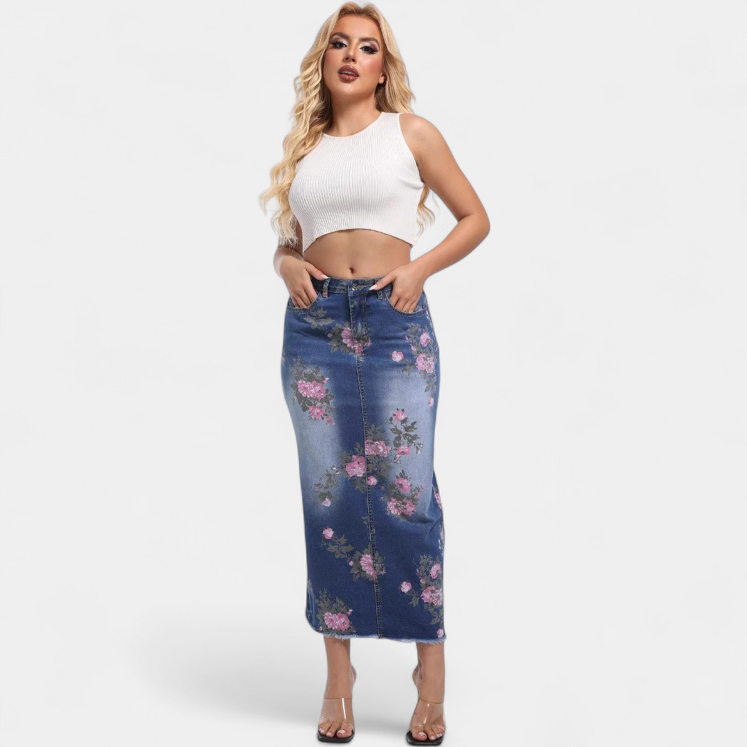 Women's Floral Print Denim Midi Skirt, Fitted Pencil Raw Hem