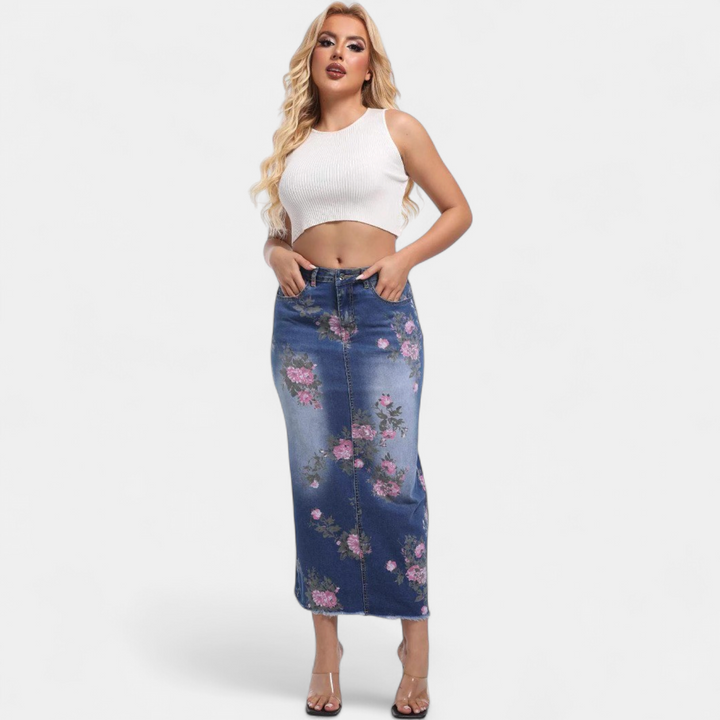 Women's Floral Print Denim Midi Skirt, Fitted Pencil Raw Hem