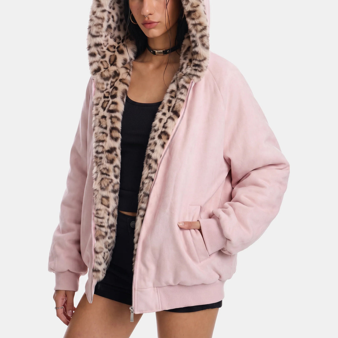 Women's Oversized Bomber Jacket, Cat Ear Hood Short Zip Up