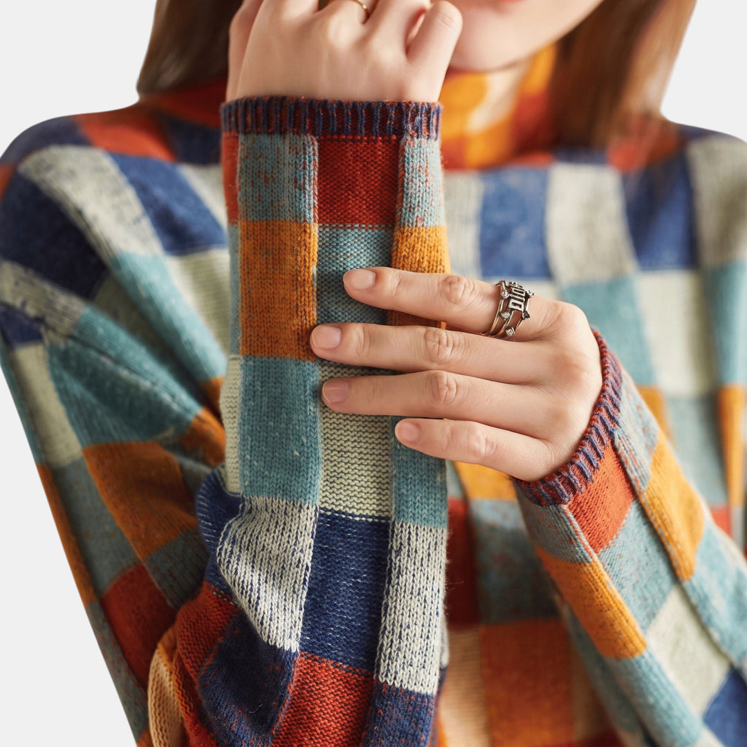 Women's Checkered Oversized Cashmere Sweater, Mock Turtleneck