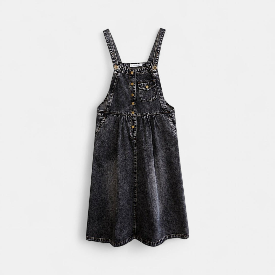 Women's Denim Pinafore Midi Dress, Sleeveless Button Straps