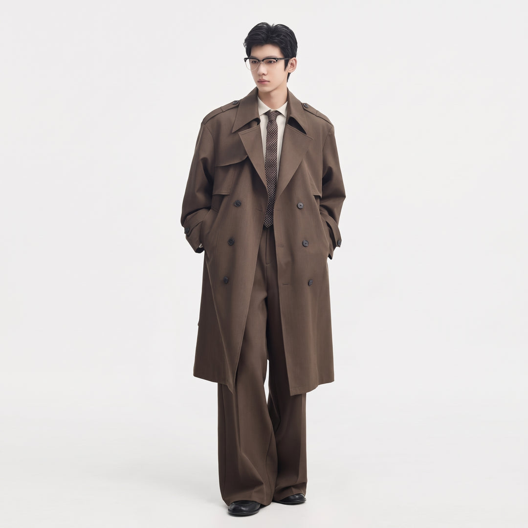 Men's Oversized Long Trench Coat, Double Breasted Epaulettes