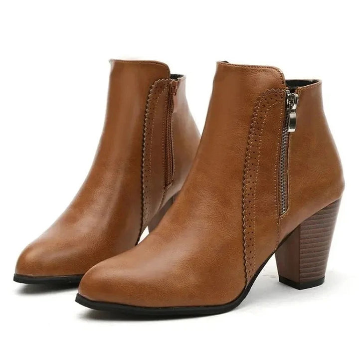 Women's Leather Ankle Boots, Pointed Toe Block Heel Side Zip