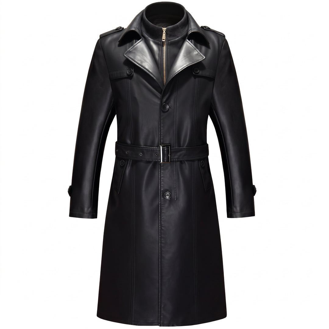 Men's Long Black Trench Coat, Fur Lined Single Breasted