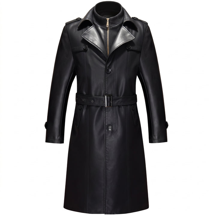 Men's Long Black Trench Coat, Fur Lined Single Breasted