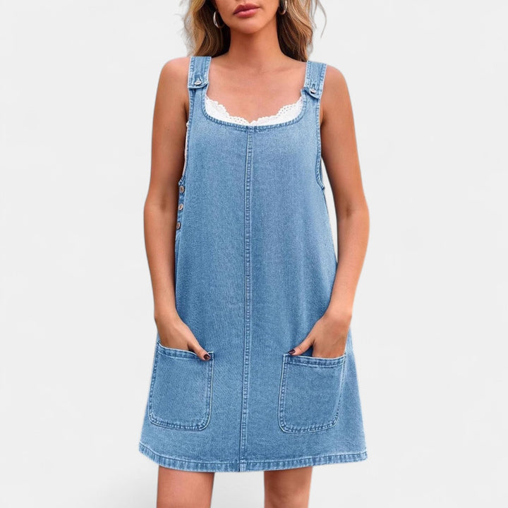 Women's Denim Pinafore Mini Dress, Sleeveless Button Straps