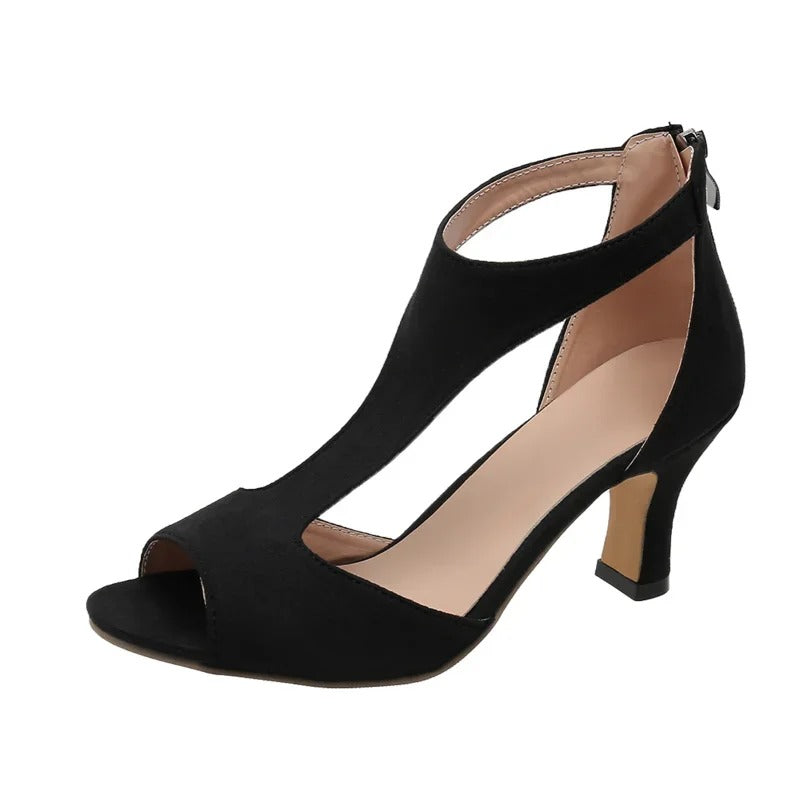 Women's Kitten Heel Peep Toe T Strap Sandals, Cutout Zip Back