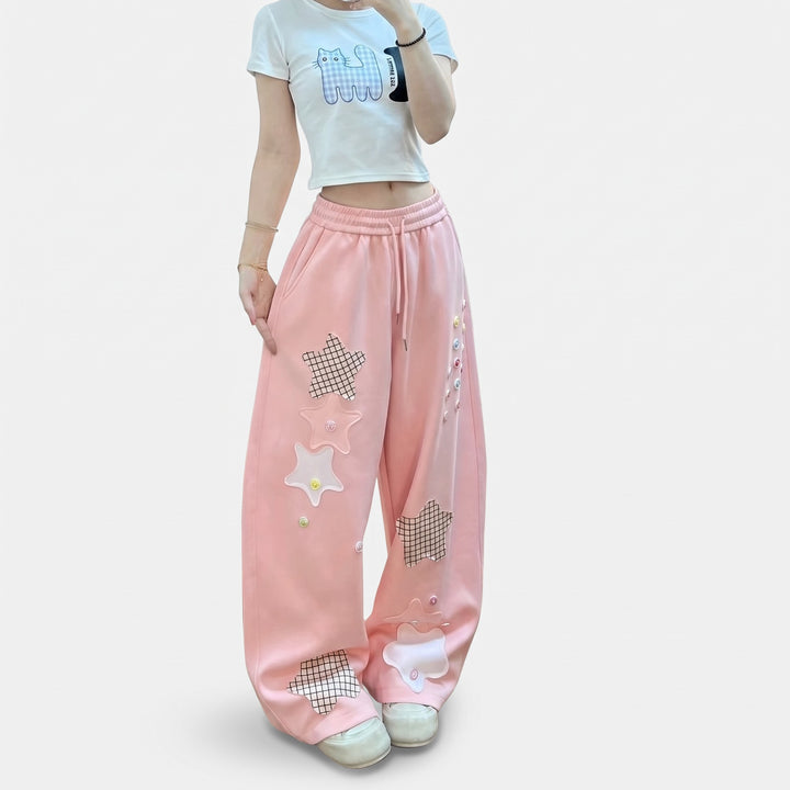 Women's Wide Leg Pink Sweatpants, Drawstring Patchwork
