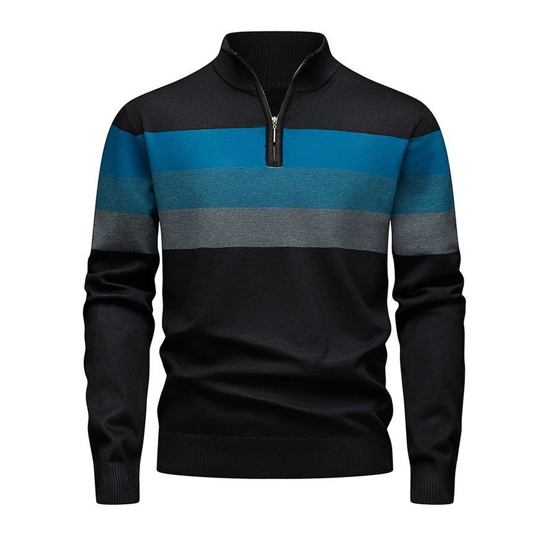 Men's Quarter Zip Sweater, Striped Ribbed Knit Mock Neck Pullover