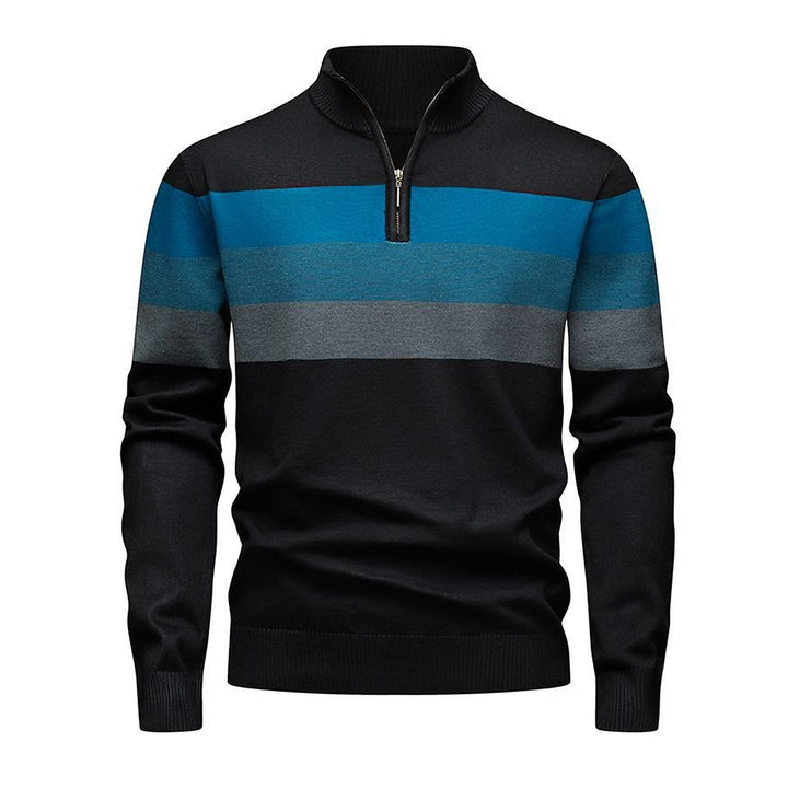 Men's Quarter Zip Sweater, Striped Ribbed Knit Mock Neck Pullover