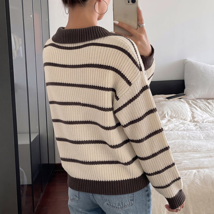 Women's Long Sleeve Collared Rugby Shirt, Knitted Brown