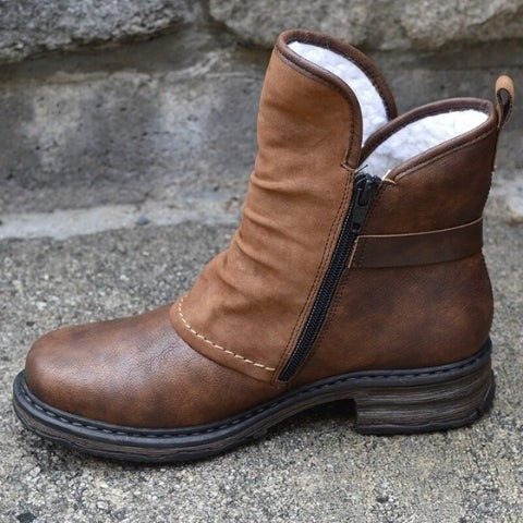Women's Lug Sole Brown Boots, Slouched Fit Distressed Finish