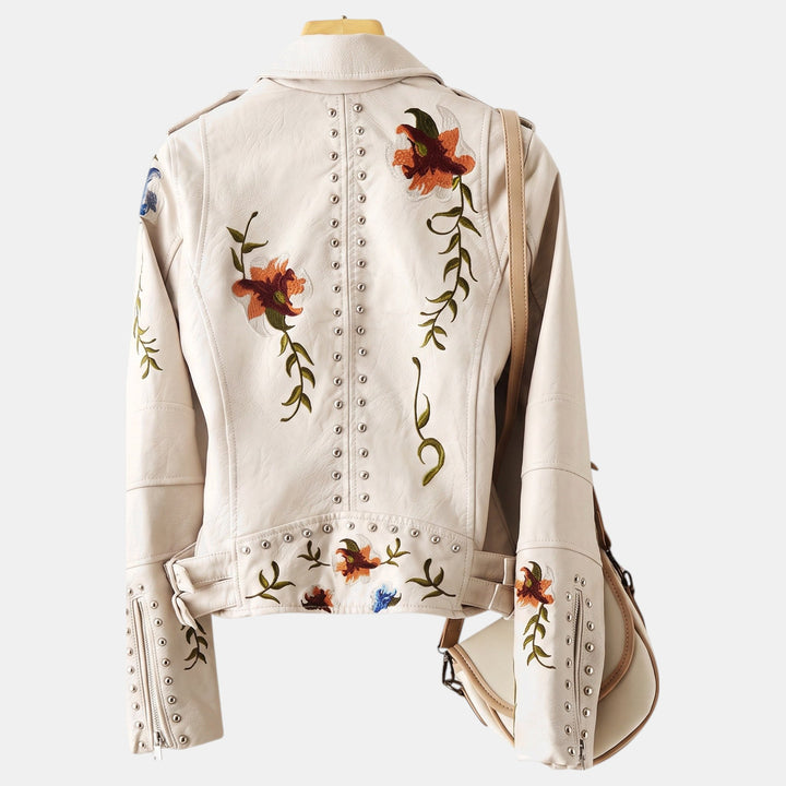 Women's Cropped Leather Moto Jacket, Zip Front Embroidered