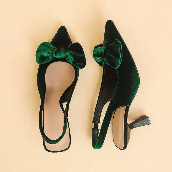 Women's Kitten Heel Slingback Pumps, Pointed Toe Velvet Bow