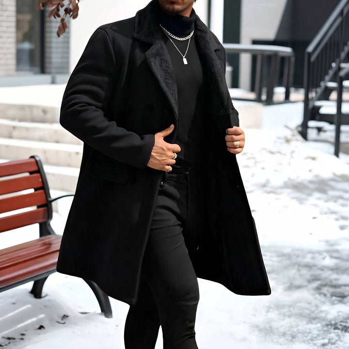 Men's Long Double Breasted Peacoat, Fur Collar Fleece Fuzzy