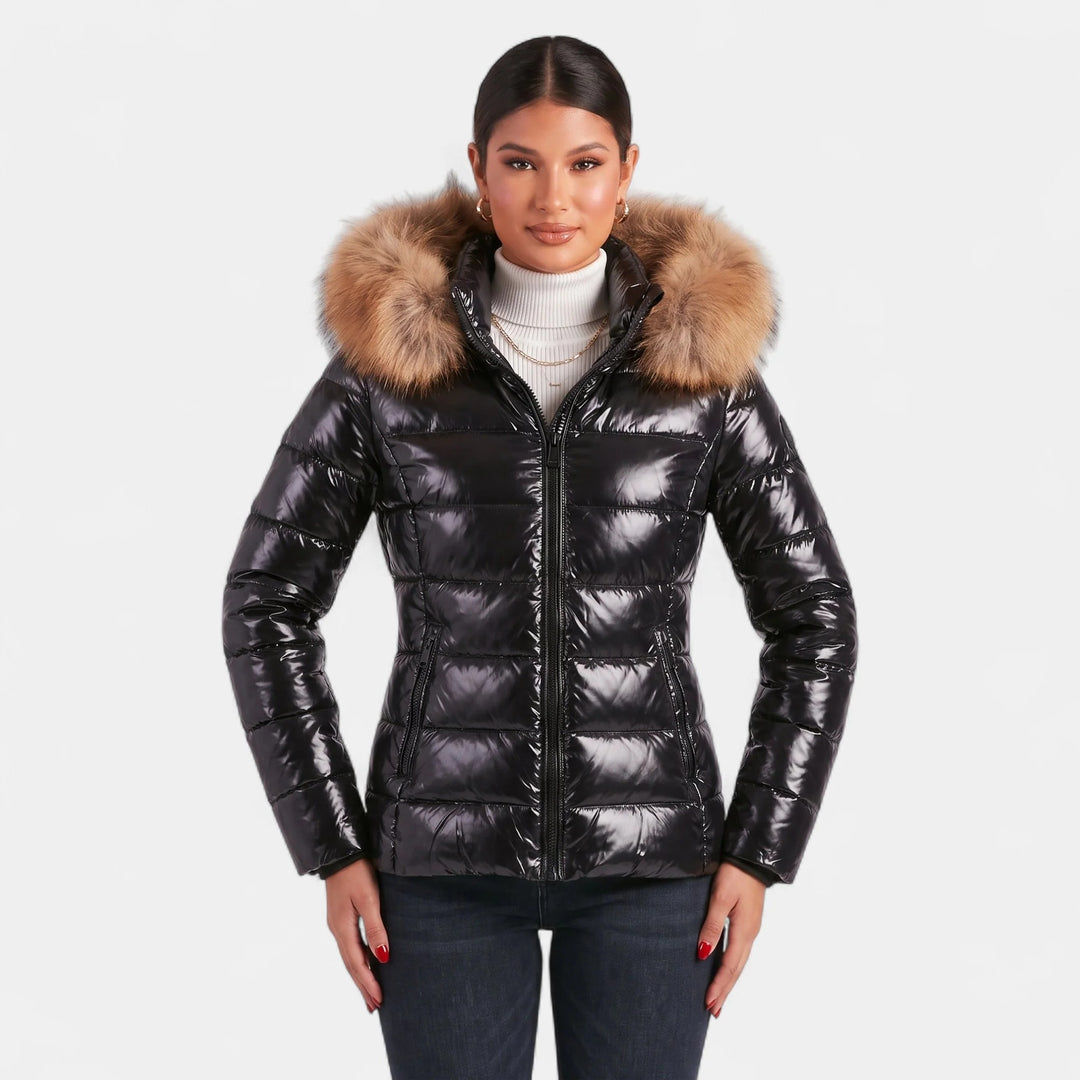 Women's Puffer Jacket, Hip Length Faux Fur Collar Tailored Zip