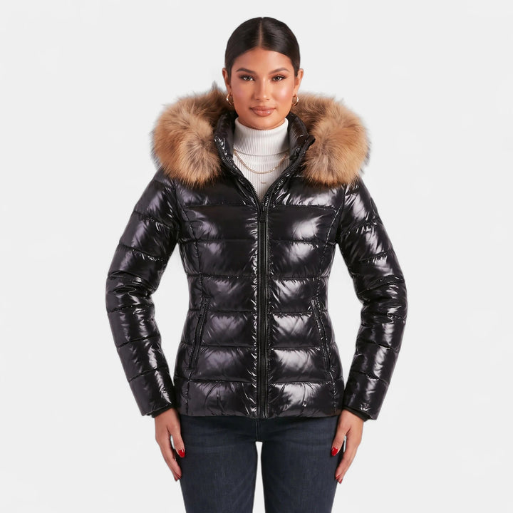 Women's Puffer Jacket, Hip Length Faux Fur Collar Tailored Zip