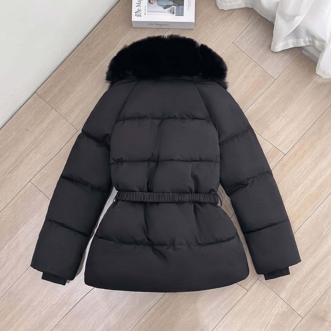 Women's Long Puffer Jacket with Fur Hood, Fitted Waist Padded Coat