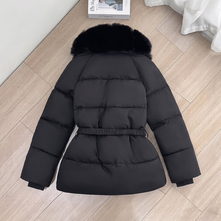 Women's Long Puffer Jacket with Fur Hood, Fitted Waist Padded Coat