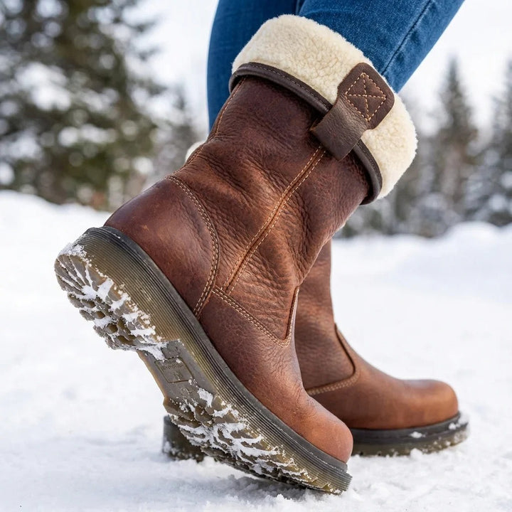 Women's Shearling Brown Boots, Mid Calf Lug Sole Pull On