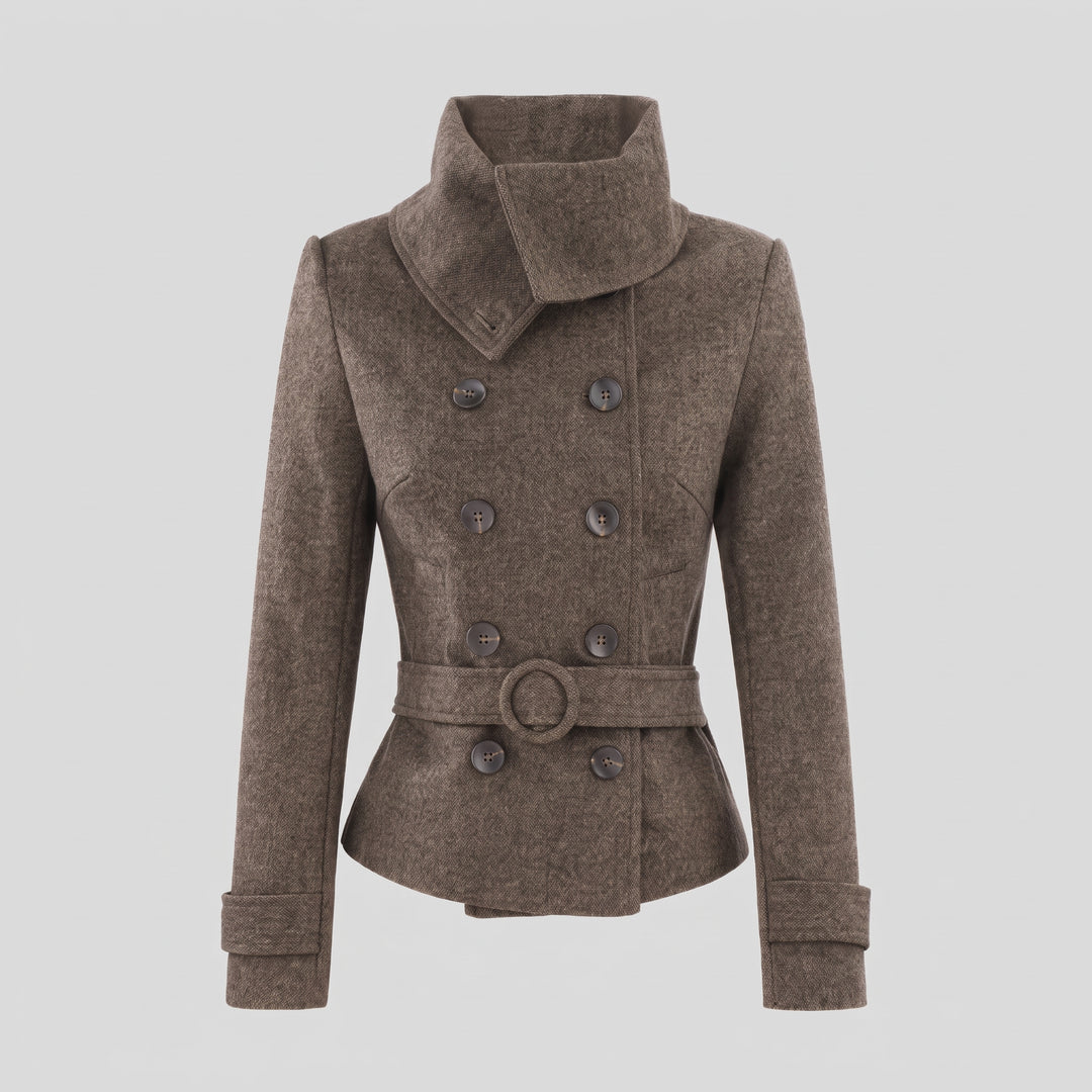 Women's Short Double Breasted Peacoat, Slim Fit High Neck Belted