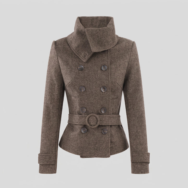 Women's Short Double Breasted Peacoat, Slim Fit High Neck Belted