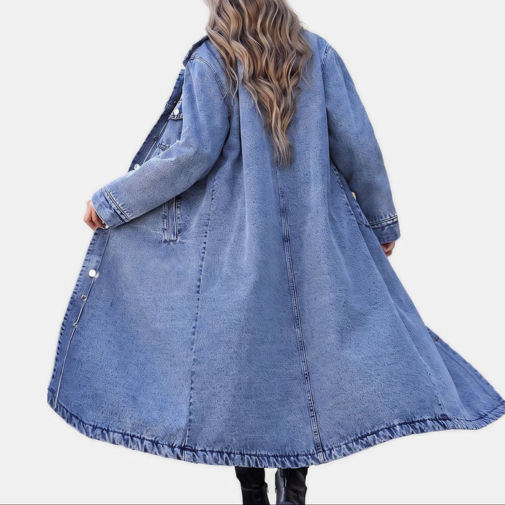 Women's Long Oversized Denim Jacket, Button Front Chest Pockets