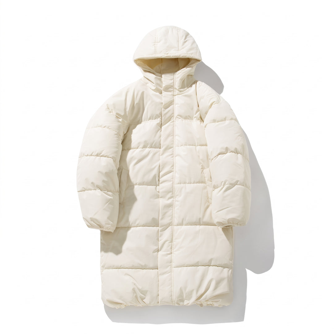 Men's Cream Long Puffer Jacket with Hood, Quilted Midlength