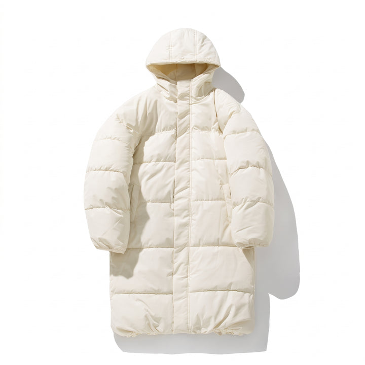 Men's Cream Long Puffer Jacket with Hood, Quilted Midlength
