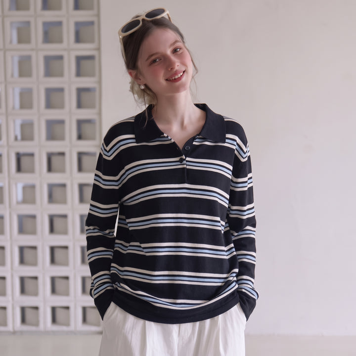 Women's Long Sleeve Polo Rugby Shirt, Collared Knitted Navy
