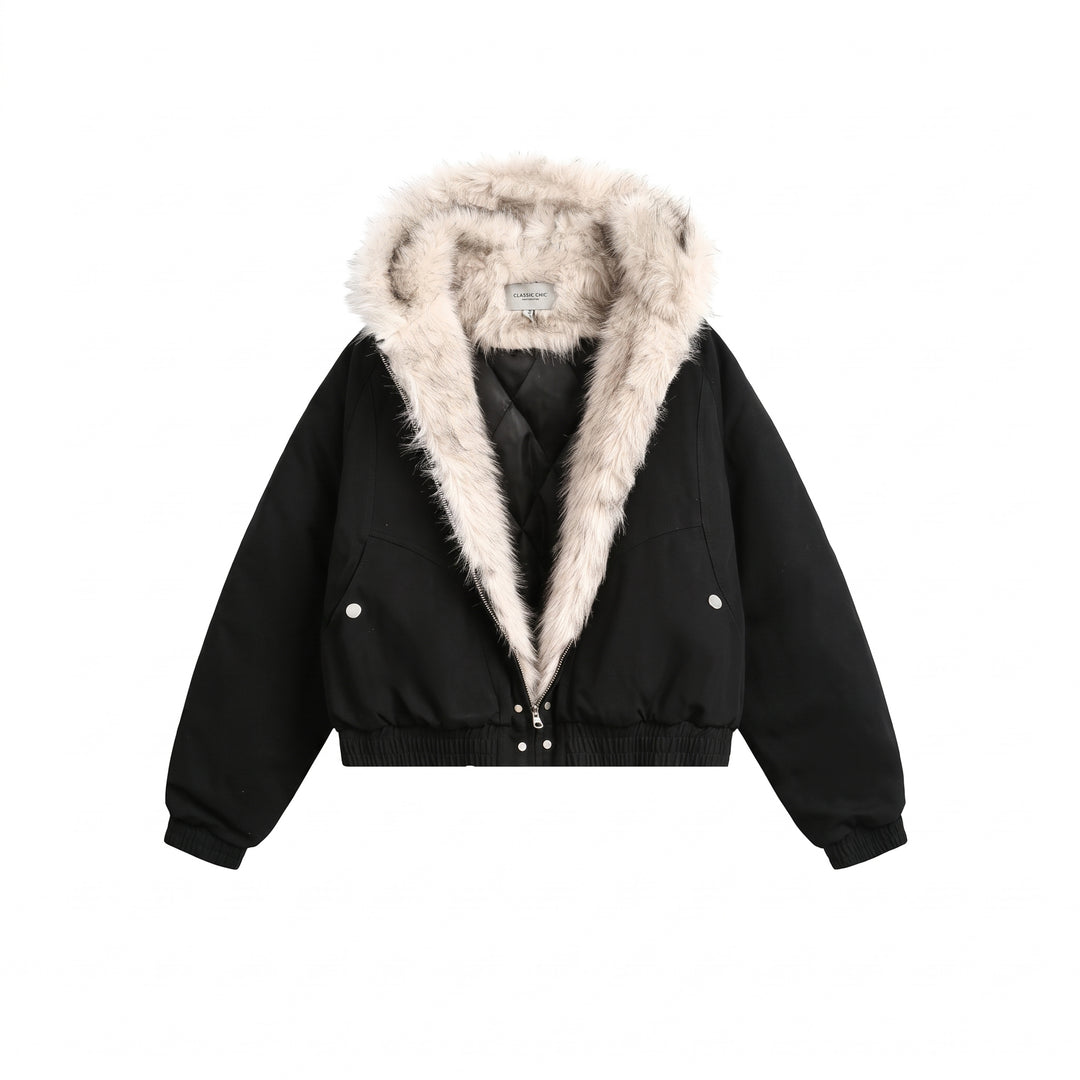 Women's Cropped Winter Puffer Jacket, Hooded Fur Lined Oversize