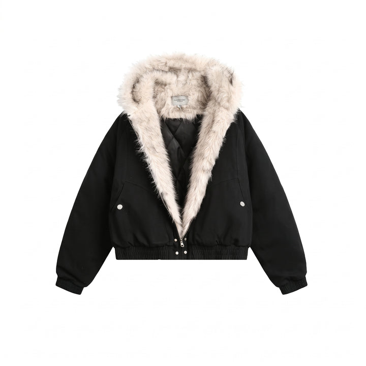 Women's Cropped Winter Puffer Jacket, Hooded Fur Lined Oversize