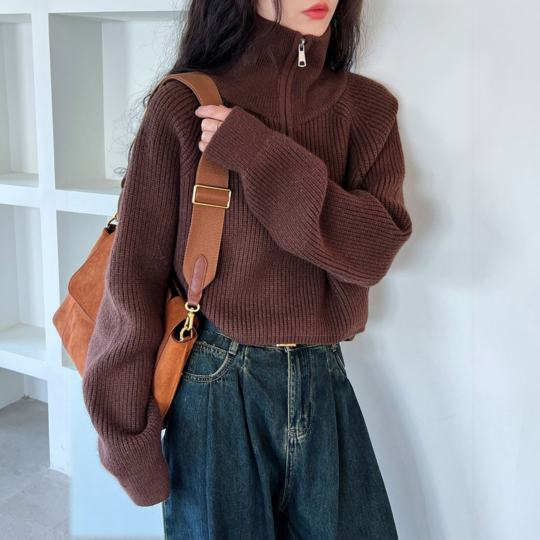 Women's Quarter Zip Sweater, Cropped Ribbed Knit Pullover