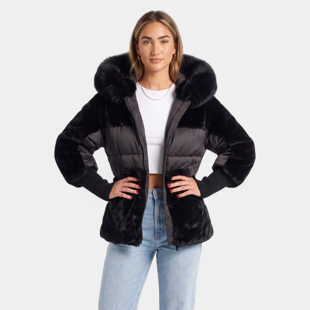 Women's Hooded Puffer Jacket, Oversized Short Faux Fur Trim