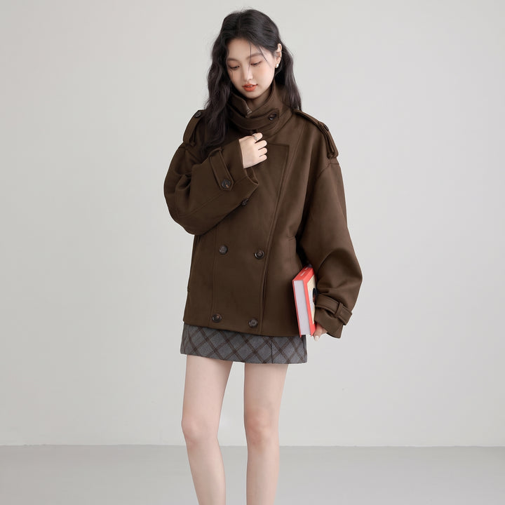 Women's Short Brown Peacoat, Double Breasted Oversized Epaulettes