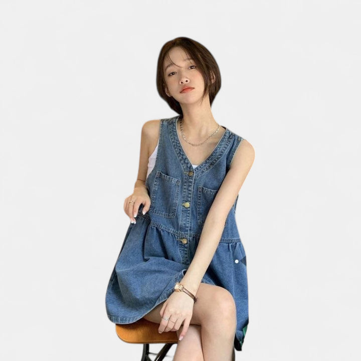 Women's Denim Mini Dress, Sleeveless V Neck Button Front